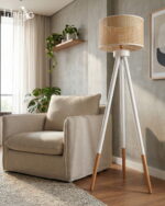 لمبادير خشب أبيض مودرن بثلاث أرجل مع شابوه رتان