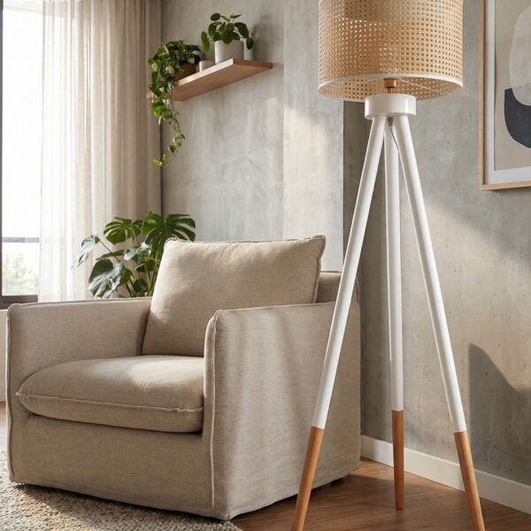 لمبادير خشب أبيض مودرن بثلاث أرجل مع شابوه رتان