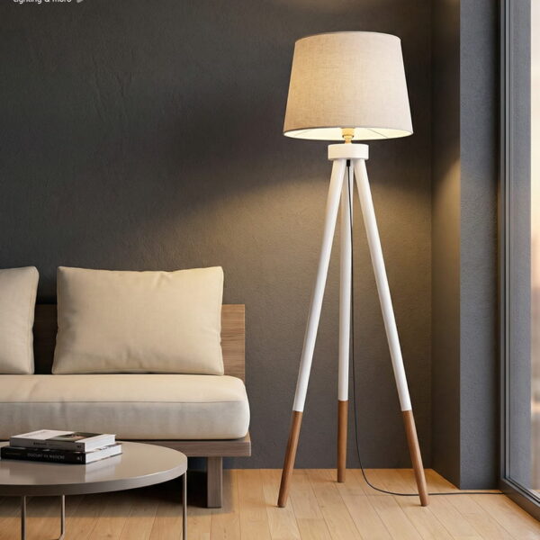 Modern White & Wood Tripod Floor Lamp with Fabric Shade