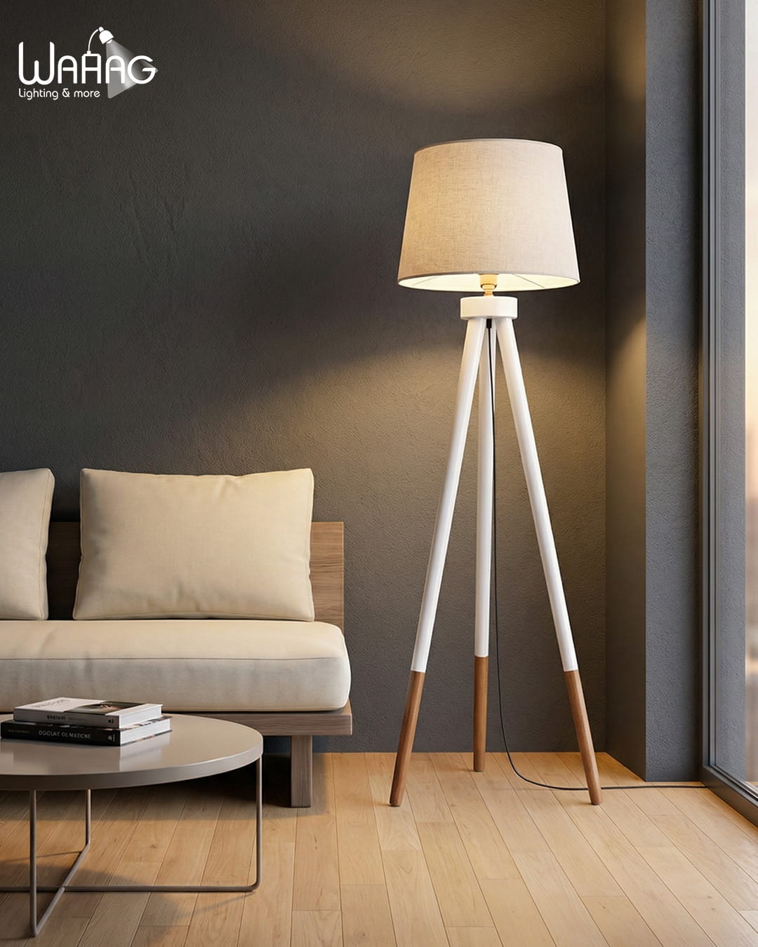 WhatsApp Image 2026-03-29 at 12.25.29 AM Modern White & Wood Tripod Floor Lamp with Fabric Shade - Image 1