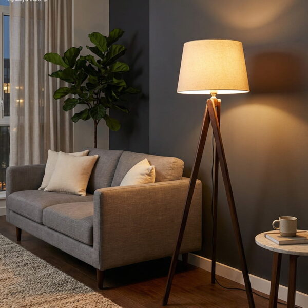 Modern Dark Brown Wooden Tripod Floor Lamp