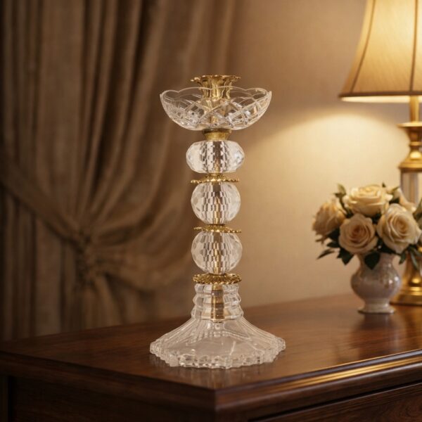 Luxurious Asfour Crystal Candlestick with Royal Brass Details - 25 cm Height
