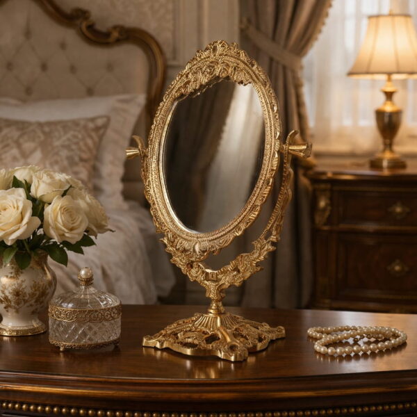Luxurious Ornate Brass Swivel Tabletop Mirror