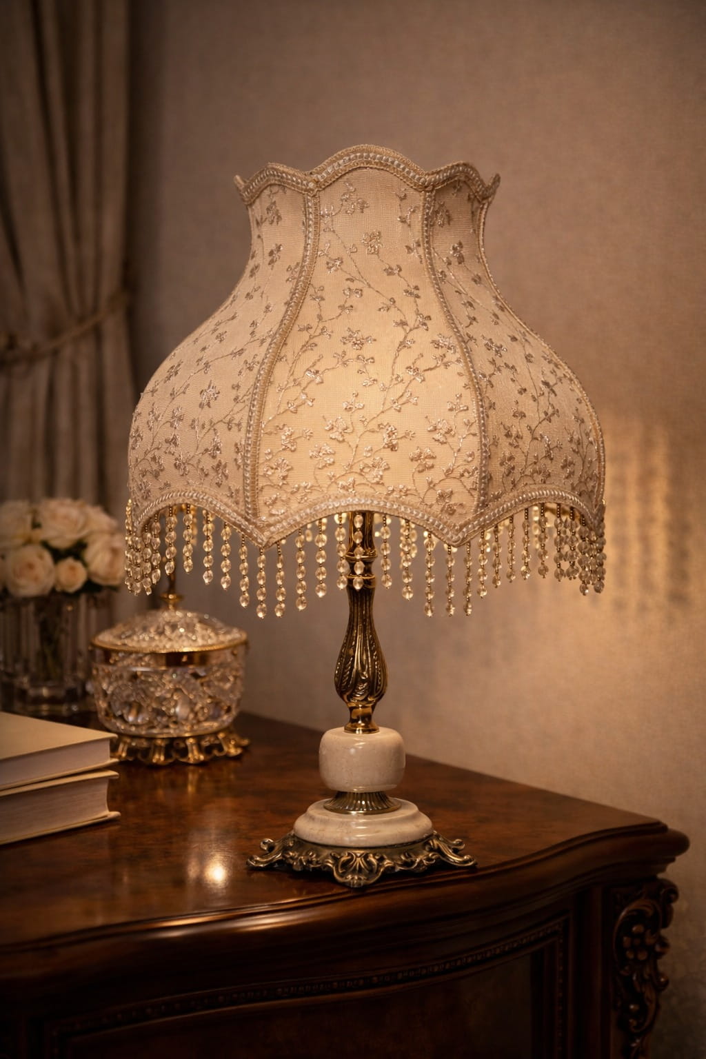 WhatsApp Image 2026-03-31 at 2.55.46 PM (1) Royal Brass & Marble Salon Lamp with Premium Turkish Guipure Shade - Image 1