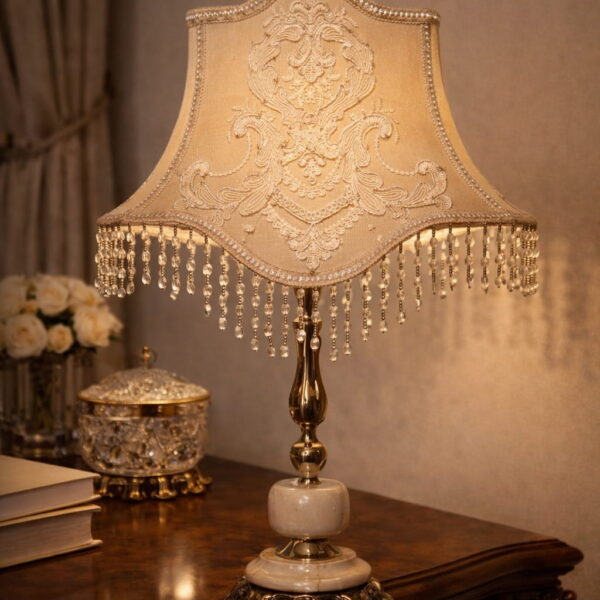 Royal Brass & Marble Salon Lamp with Premium Turkish Guipure
