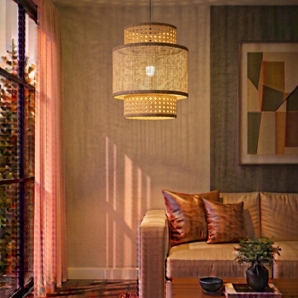 Triple Layer Cane and Linen Chandelier 35cm