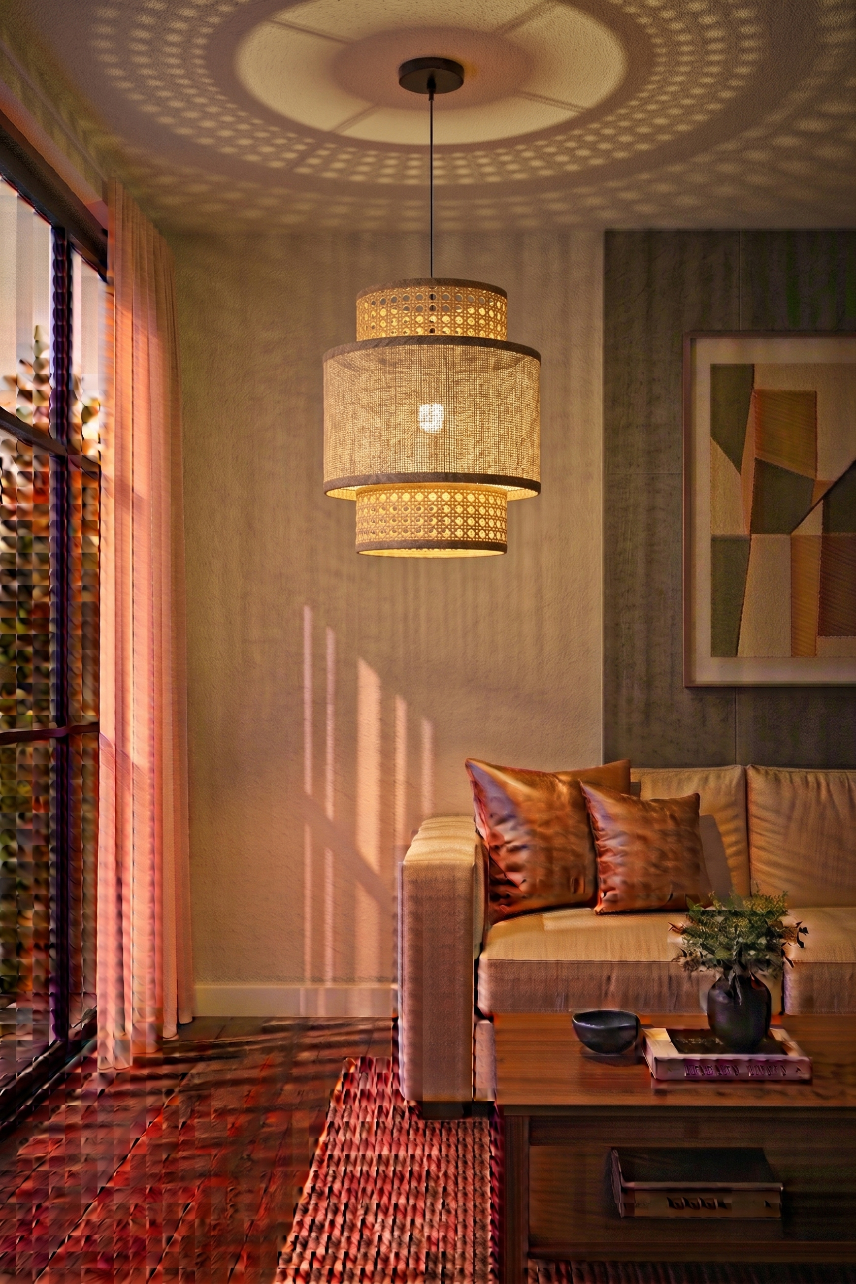 2 Triple Layer Cane and Linen Chandelier 35cm - Image 1