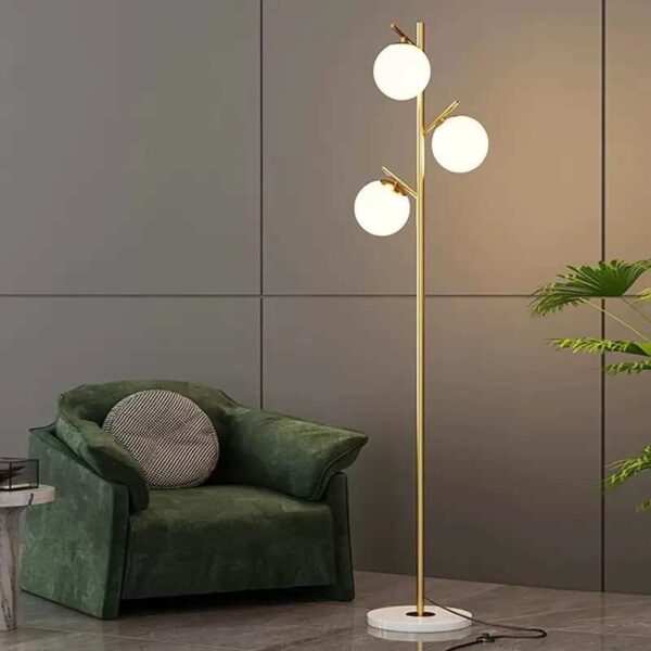 Triple Globe Gold Metal and Marble Floor Lamp
