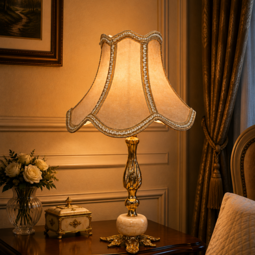 Luxury Brass Table Lamp | French Velvet Shade by Wahag