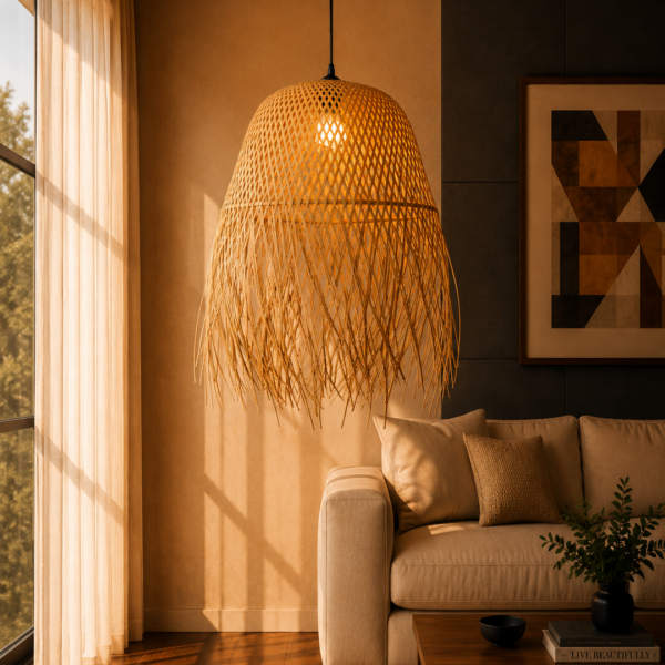 Natural Bamboo Fringed Chandelier 45cm