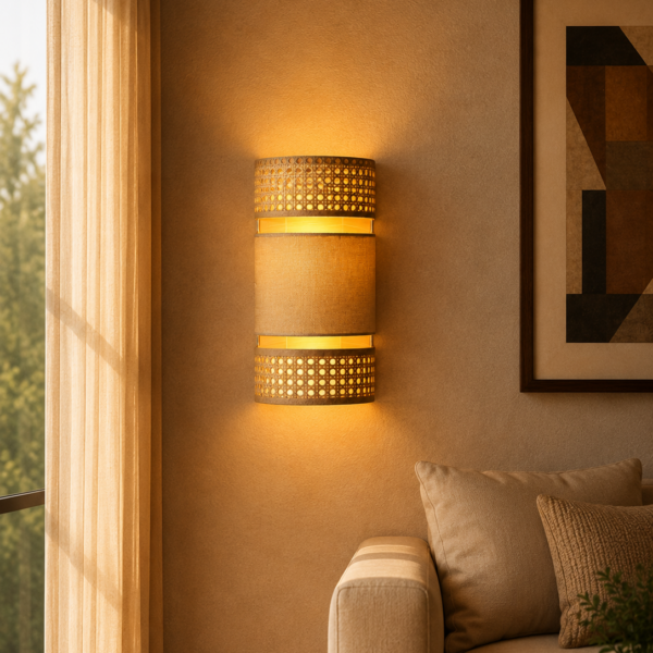 Triple Layer Cane and Linen Wall Sconce