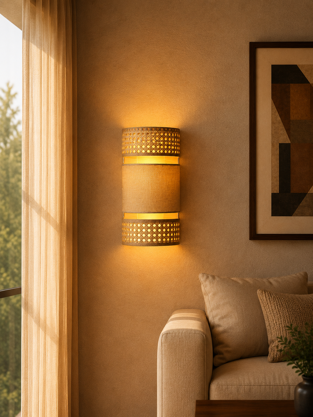 ChatGPT Image 8 أغسطس 2026، 02_32_50 ص Triple Layer Cane and Linen Wall Sconce - Image 1