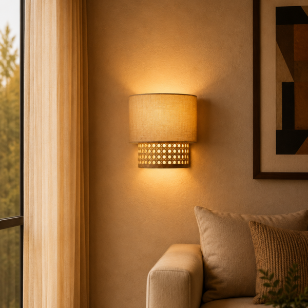 Dual Layer Cane and Linen Wall Sconce