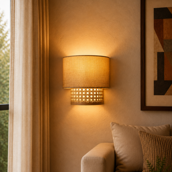 Dual Layer Cane and Linen Wall Sconce