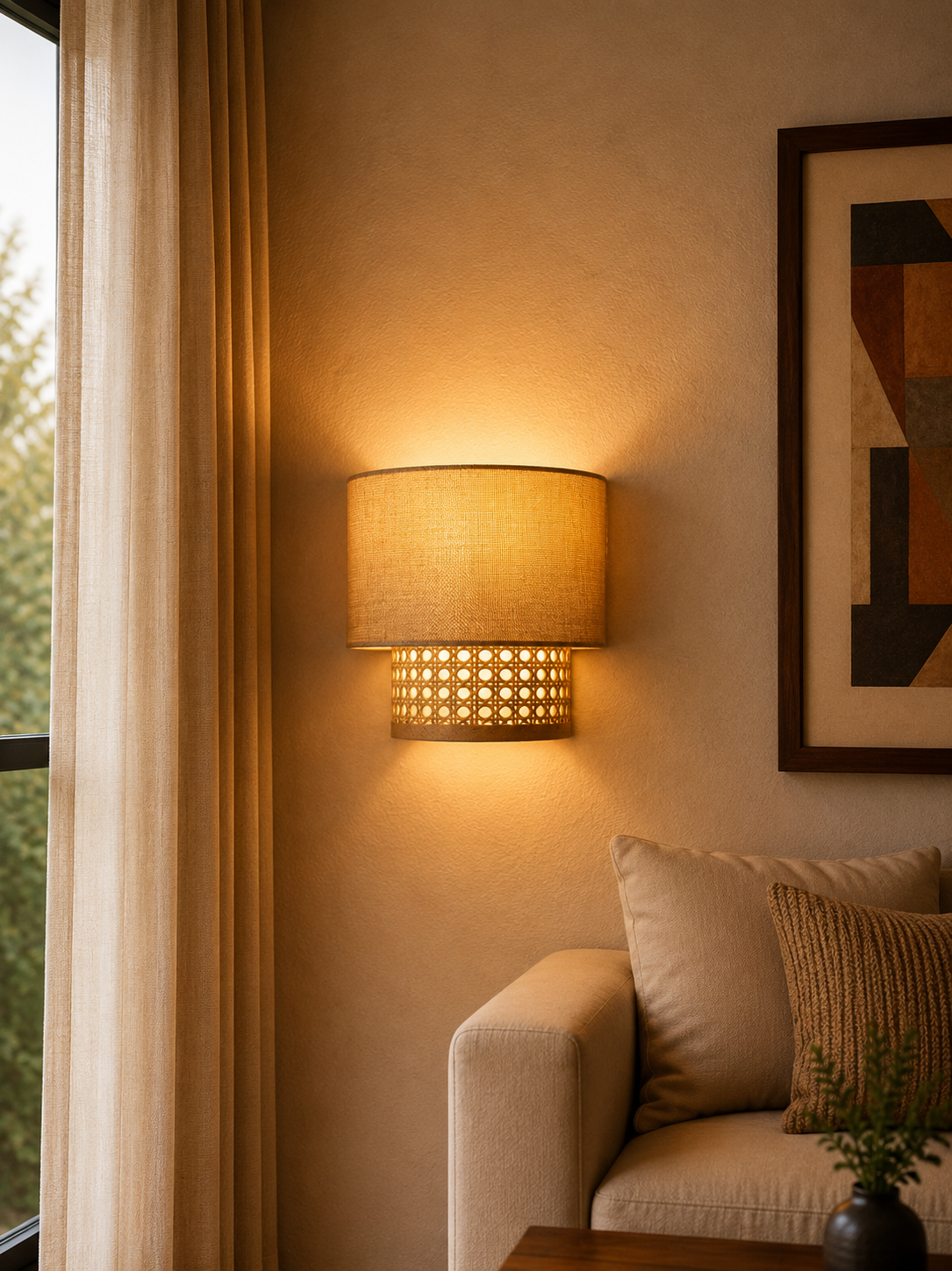 ChatGPT Image 8 أغسطس 2026، 02_36_09 ص Dual Layer Cane and Linen Wall Sconce - Image 1