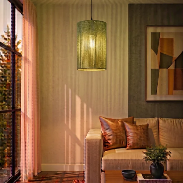 Olive Green Rope Cylinder Pendant Light 15x25cm