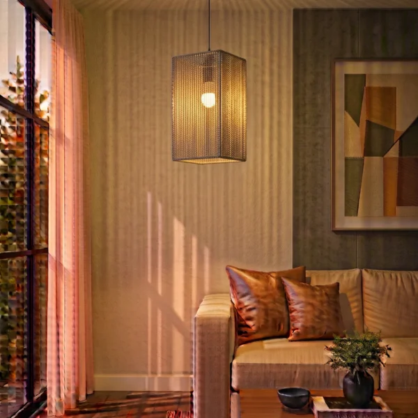 Coffee Braided Rope Square Pendant Light 15x15x25cm