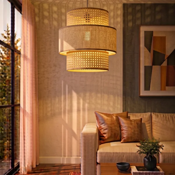 Triple Layer Cane and Linen Chandelier 45cm
