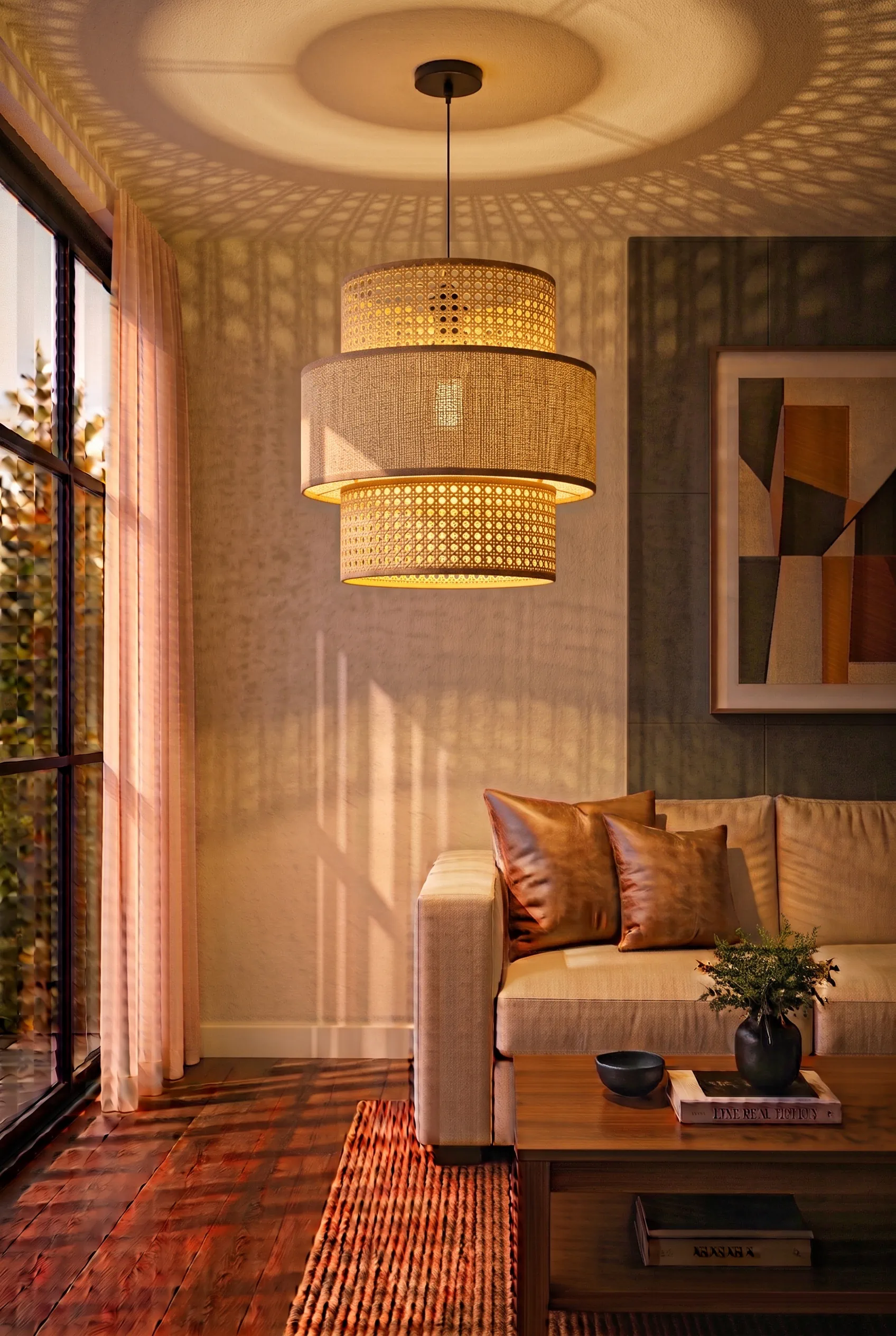 Gemini_Generated_Image_imau3gimau3gimau_result002 Triple Layer Cane and Linen Chandelier 45cm - Image 1