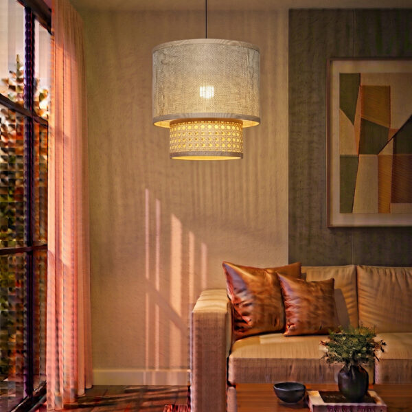 Dual Layer Cane and Natural Linen Chandelier 55cm